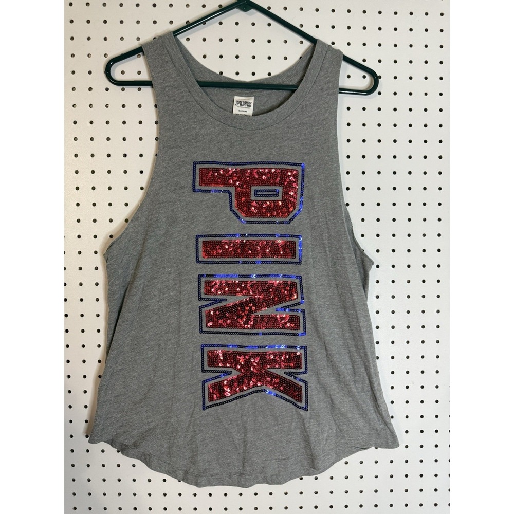 PINK Victoria Secret USA Sequin Muscle Tank Top Patriotic Sleeveless 4th July M